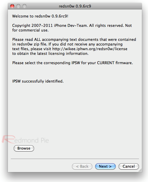 3. Schritt: Redsn0w herunterladen, ausführen, und damit die gerade heruntergeladene iOS 4.3.1 .ipsw-Datei öffnen.