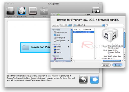 3. Schritt: Die gerade heruntergeladene iOS 4.3.1 Firmware-Datei (.ipsw) auswählen und bestätigen.