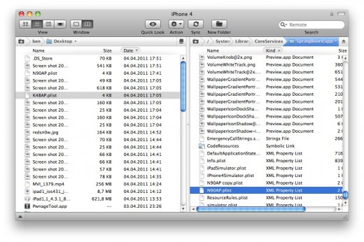 2. Schritt: Die Datei K48AP.plist (iPad) bzw. N90AP.plist (iPhone 4) auf den Mac kopieren, dort vorsichtshalber eine Sicherungskopie anlegen, und mit Xcode öffnen.
