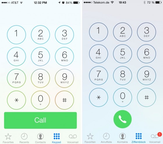 Der Wählbildschirm im Vergleich: Großen Anrufen-Button links in iOS 7, kleines, rundes Symbol rechts in iOS 7.1